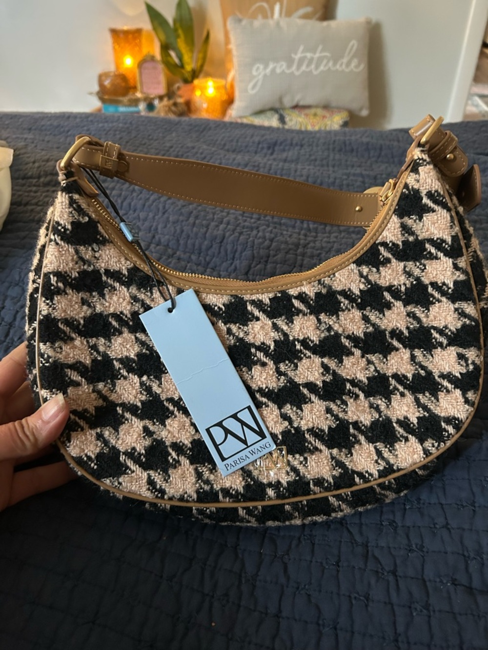 Houndstooth Shoulder Bag in Black and Beige Parisa Wang